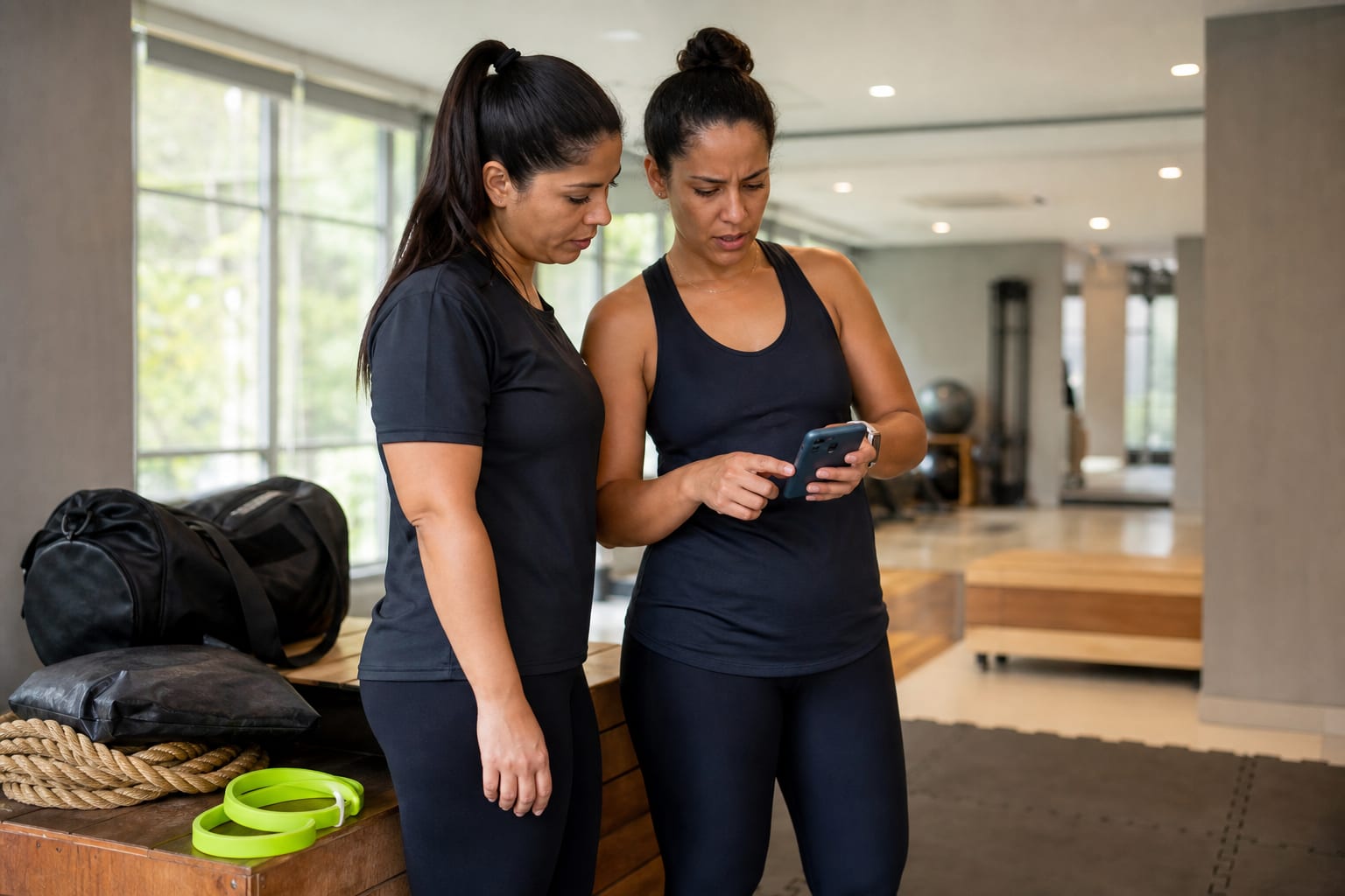 Duas professoras de educação física comparando opções no celular no balcão de um estúdio de musculação